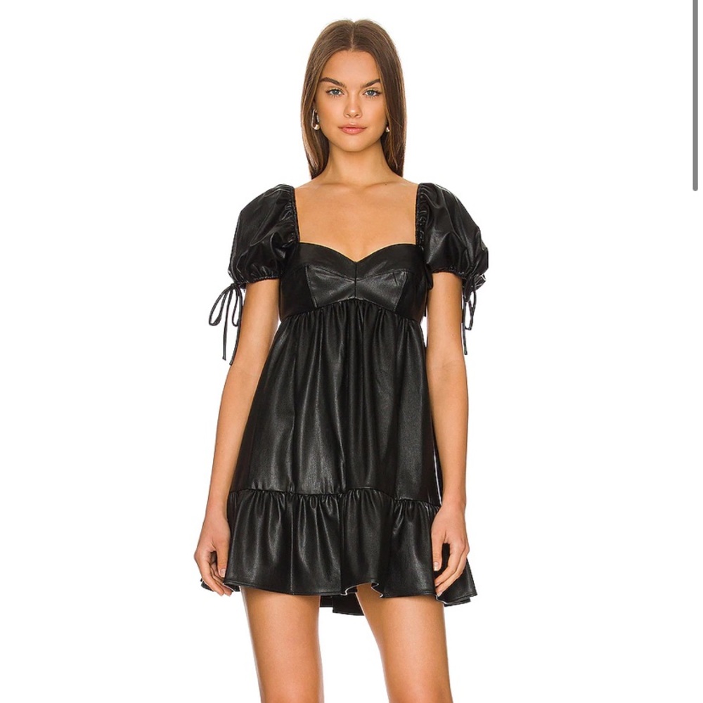 Amanda Uprichard Black Faux Leather Puff Sleeve Mini Dress